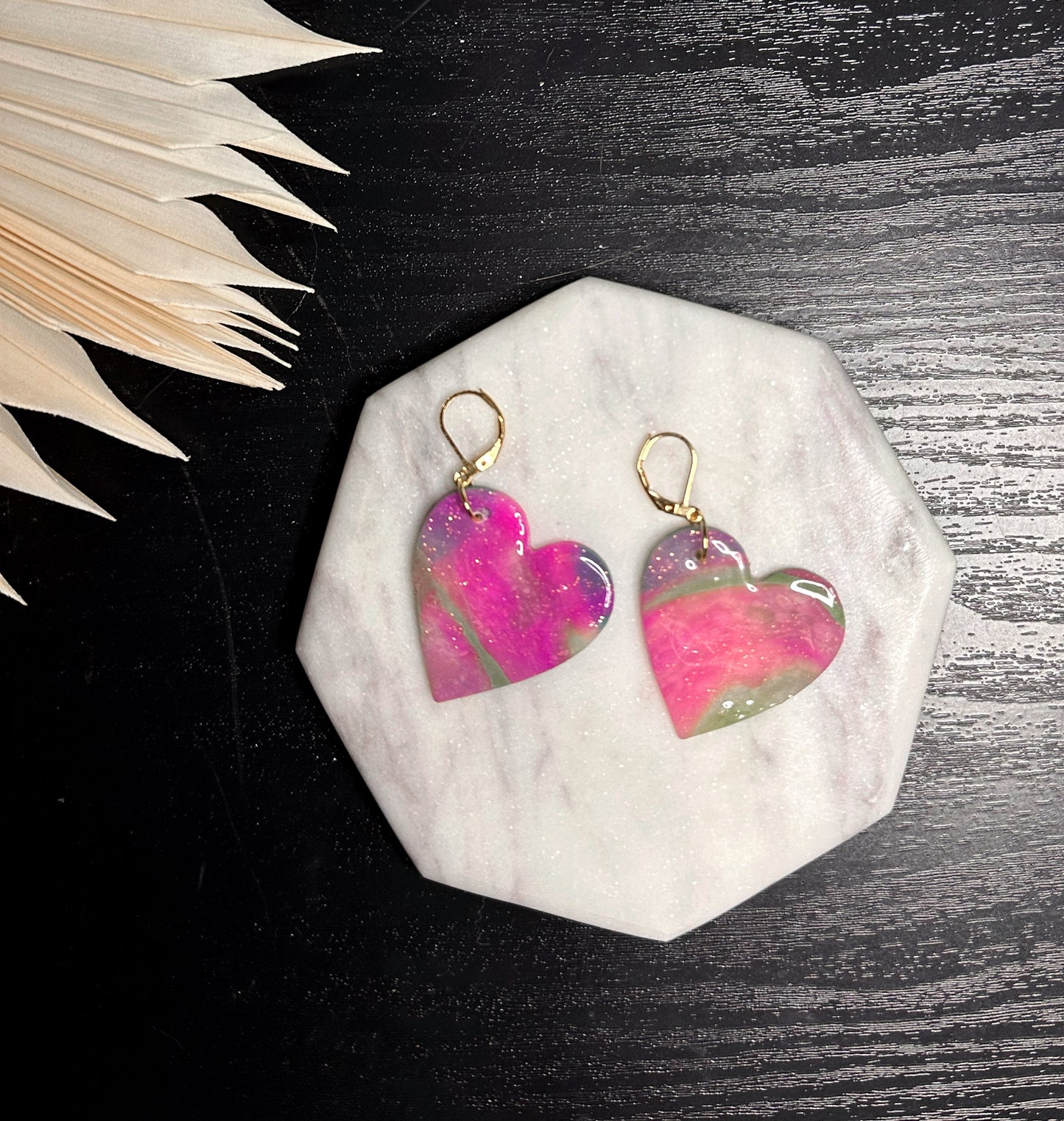 Pink Marbled Large Heart Dangles