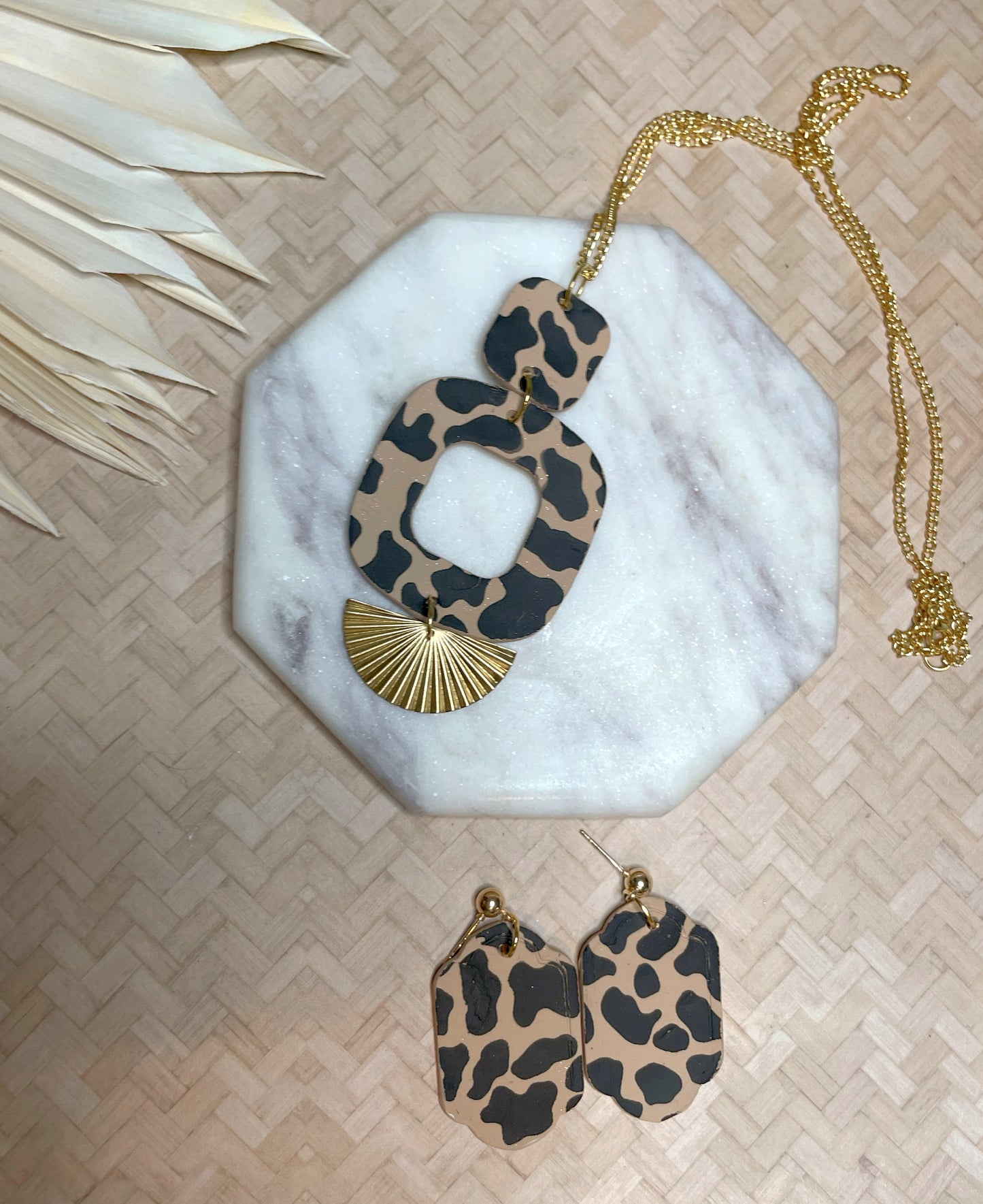 Tan Cow Design matching necklace + earring set