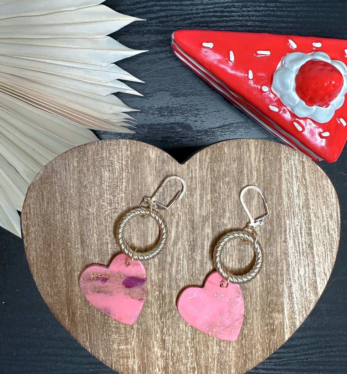 Pink marbled heart dangles