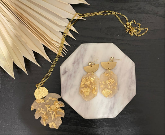 Gold Flake Transparent Matching Necklace + Earrings