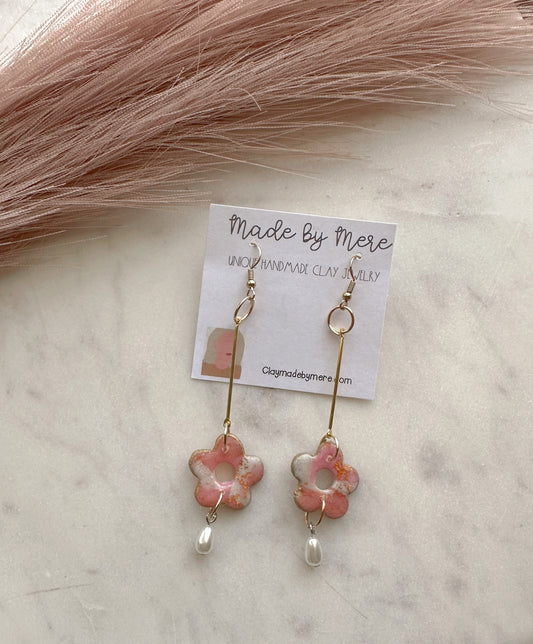 Flower Power vibe pink marbled gold dangles